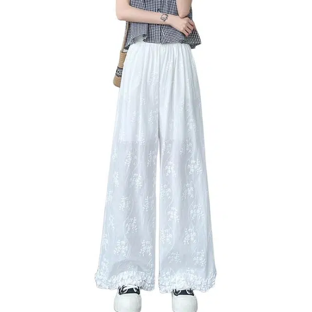 水中花 潮流时尚蕾丝花边勾花阔腿宽松百搭高腰垂感舒适休闲裤 女款