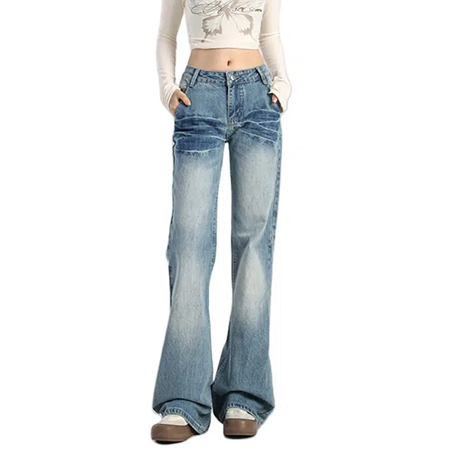 涂诗菲 美式辣妹水洗折痕阔腿低腰牛仔裤 女款 复古蓝