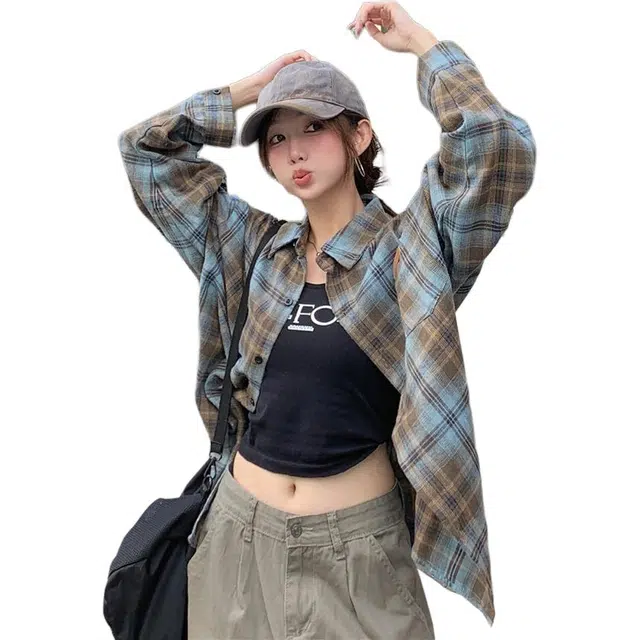 颂希尔 美式复古格子春秋休闲宽松高街高级感百搭衬衣外套长袖衬衫 男女同款