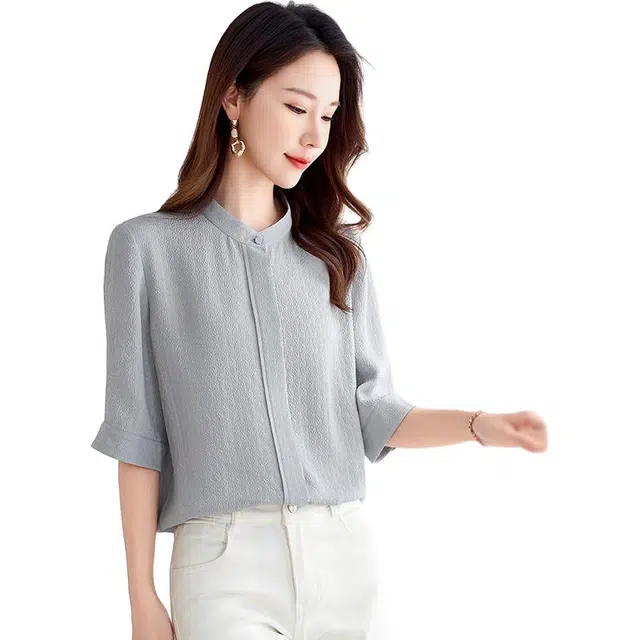 水墨佳人 纯色宽松立领短袖衬衫 女款 高级灰