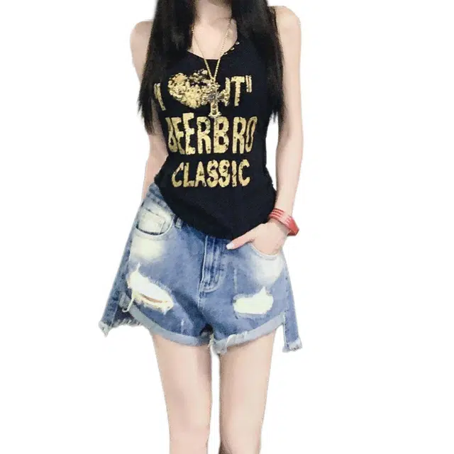 么宁 毛边破洞裤辣妹高腰设计开叉百搭热裤牛仔短裤 女款