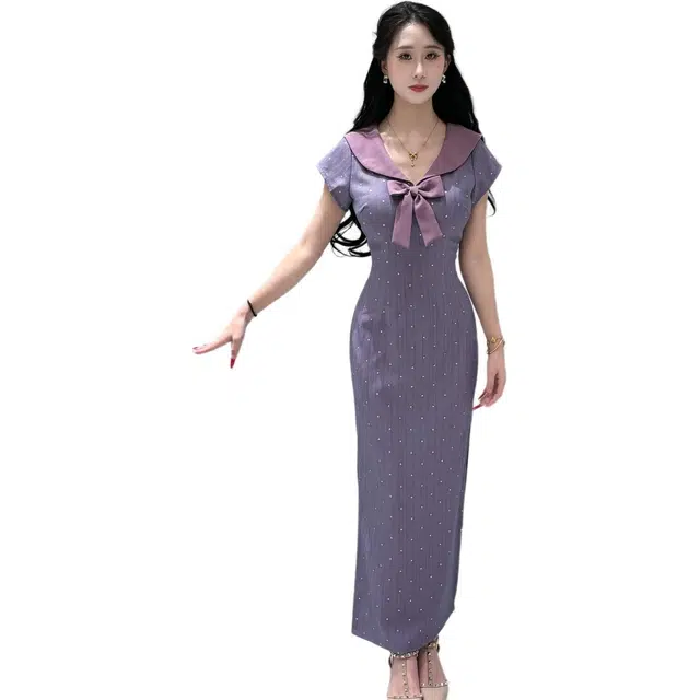 敲模女孩 甜美学院风海军领波点修身设计感收腰气质短袖连衣裙 女款