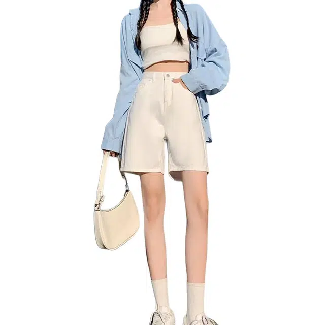 如续 高腰休闲薄款百搭显瘦宽松直筒牛仔短裤 女款