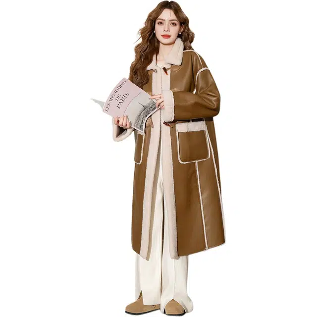 法文箱子 气质翻领牛角扣长袖大衣 女款 咖啡