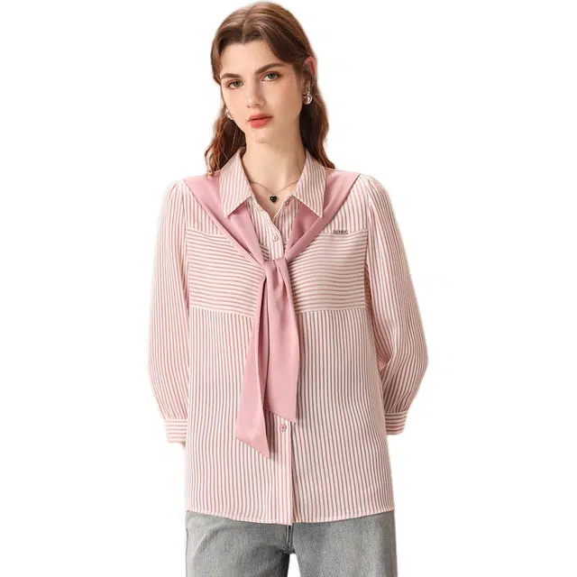 粉红玛琍 条纹翻领纽扣长袖衬衫 女款 粉色