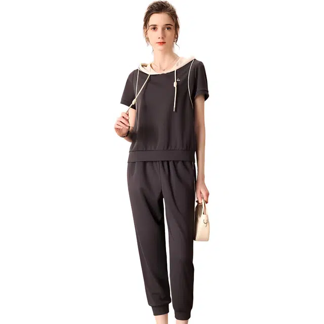 粉红玛琍 连帽短袖上衣纯色长裤休闲套装 女款 灰色