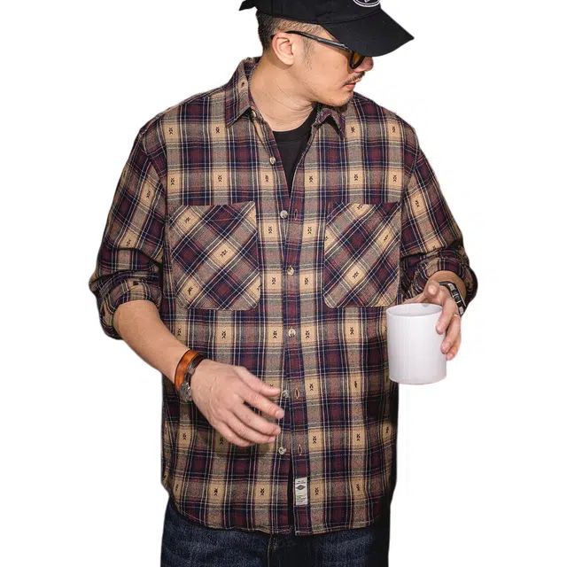 格蓝鹿 经典休闲纯棉英伦衬衣简约风上班工作服外套物质公式美式复古潮牌风格子长袖衬衫 男女同款 卡其