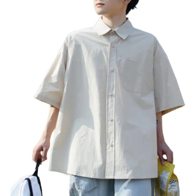 沐诚阳译 夏季日系复古短袖男生宽松百搭情侣休闲外穿半袖衬衣衬衫 男款