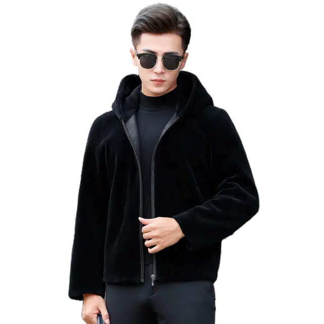 富铤 纯色休闲连帽拉链加厚保暖长袖皮草 男款 黑色