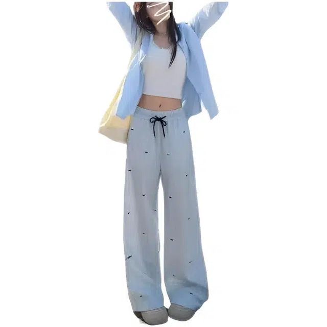 天才小熊 女装高腰直筒阔腿裤设计感拖地裤夏季韩系小个子条纹休闲裤 女款