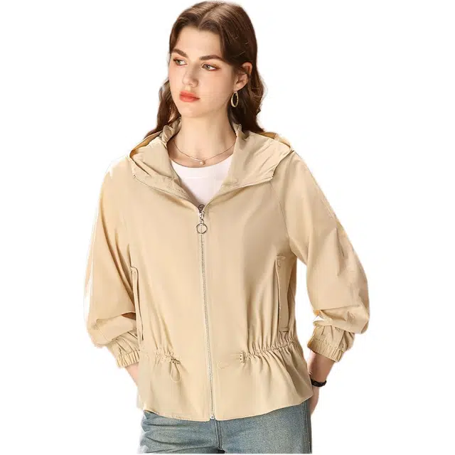 粉红玛琍 宽松纯色薄款夹克外套 女款 卡其