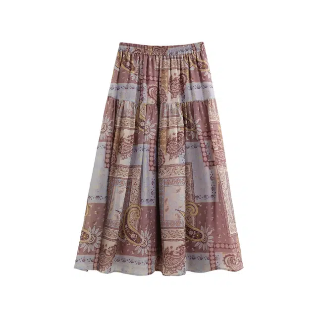 花栗鼠小姐 佩斯利风情 夏日高级感印花半身裙日常简约通勤复古时尚潮流百搭宽松舒适高腰伞裙小个子显瘦休闲长裙 女款