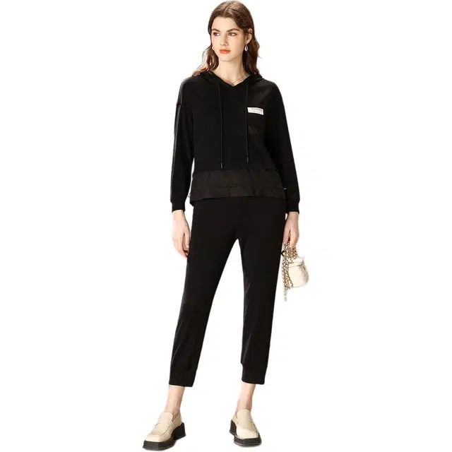 粉红玛琍 连帽长袖套头上衣高腰纯色松紧长裤休闲套装 女款 黑色