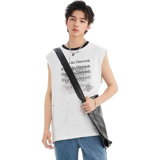 三福 甩漆印花图案街潮宽肩圆领背心 男款
