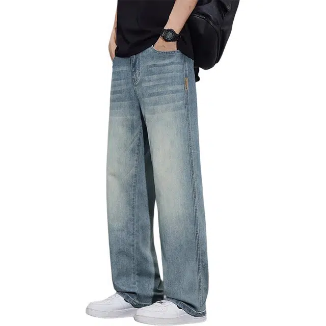协协乐 天丝复古做旧水洗男士夏季薄款凉感透气宽松直筒阔腿垂感休闲长裤子牛仔裤 男款