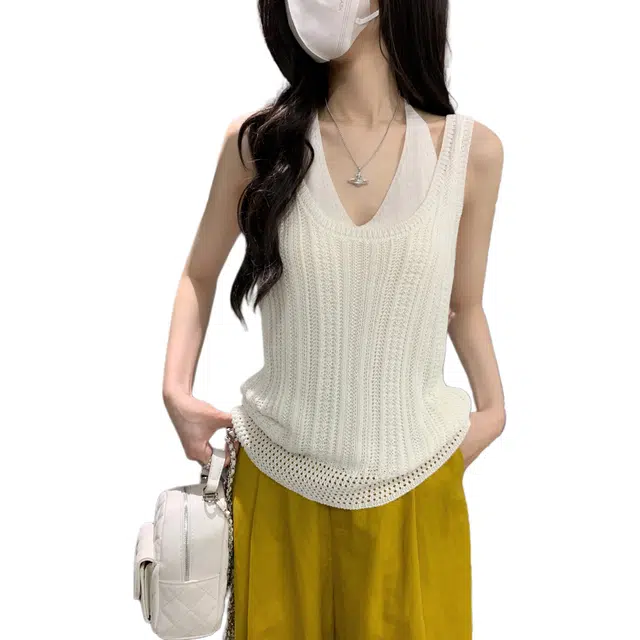缪斯的诱惑 实拍实价韩版气质内搭挂脖无袖背心镂空针织衫女吊带 女款