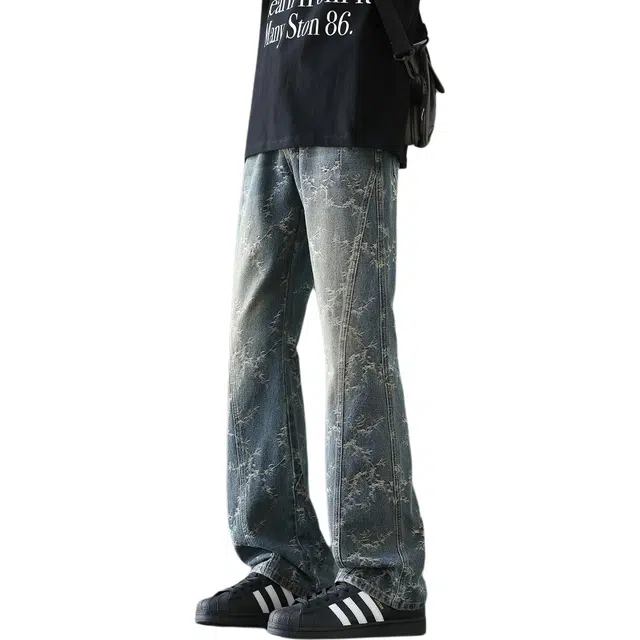 瑞梵帝斯 美式微喇复古提花直筒牛仔裤 男款