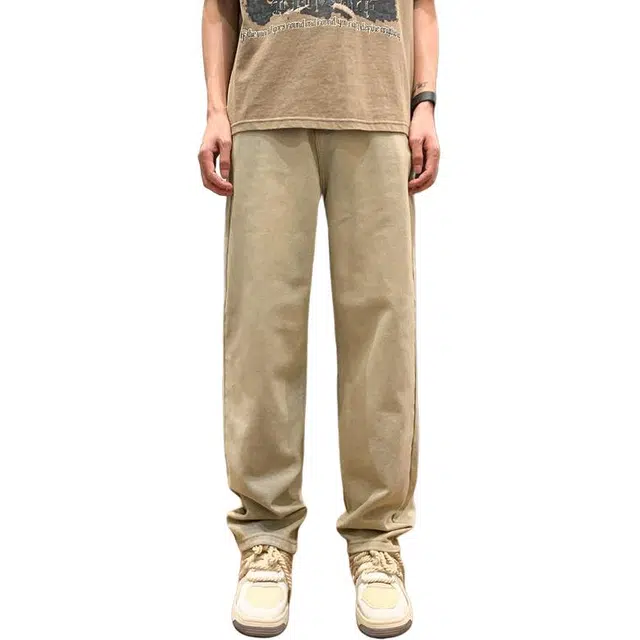 宝米卡 宽松复古做旧直筒长裤潮牌美式拉链阔腿裤牛仔裤 男女同款