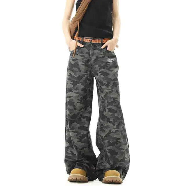 华夏儿女 重磅美式复古迷彩阔腿拖地直通宽松百搭休闲牛仔裤 男女同款