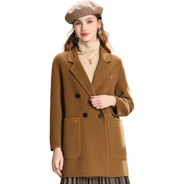 粉红玛琍 纯色中长款长袖大衣 女款 深驼