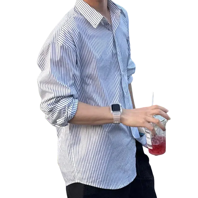 冈哉 美式潮流个性百搭垂感时尚竖条纹盐系简约舒适基础款长袖痞帅衬衣慵懒风外套上衣宽松舒适翻领纽扣衬衫 男女同款