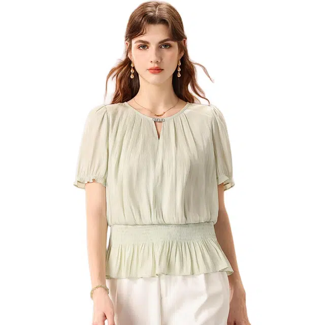 粉红玛琍 纯色圆领套头短袖衬衫 女款 浅绿色