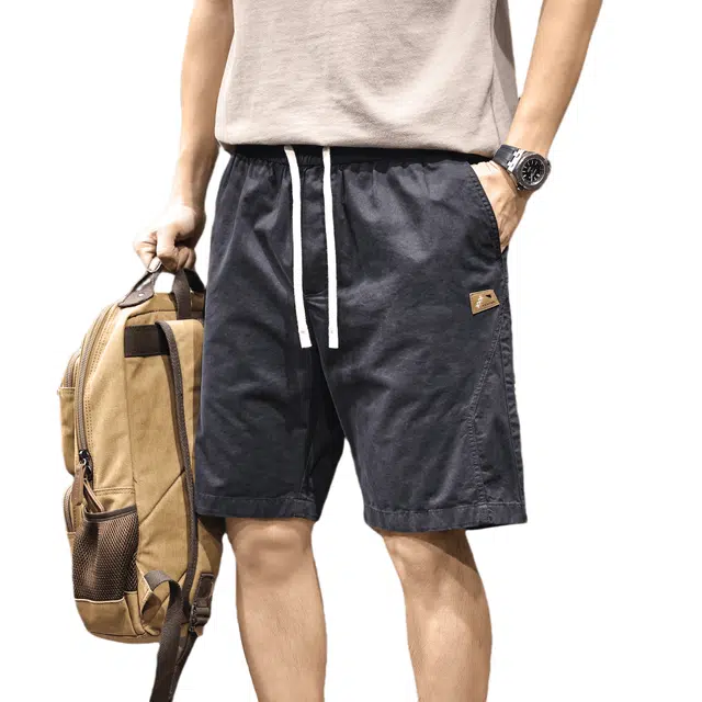 路杰邦 纯色美式潮牌中裤纯棉透气舒适百搭时尚户外机能男士休闲系带五分裤工装短裤 男款