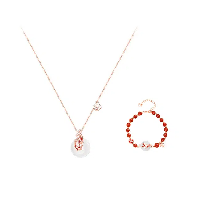 龙弗 【锦鲤附体】鸿运当头天官赐福昭昭如愿新中式双锦鲤百搭两件套国风轻奢精致小众高级感 好运饰品 玉髓 项链 女款