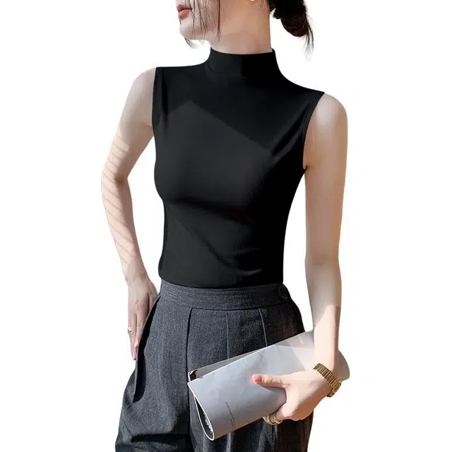 善己 纯色半高领螺纹内搭休闲百搭外穿背心 女款