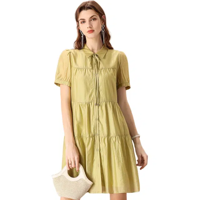 粉红玛琍 纯色宽松通勤短袖连衣裙 女款 绿色