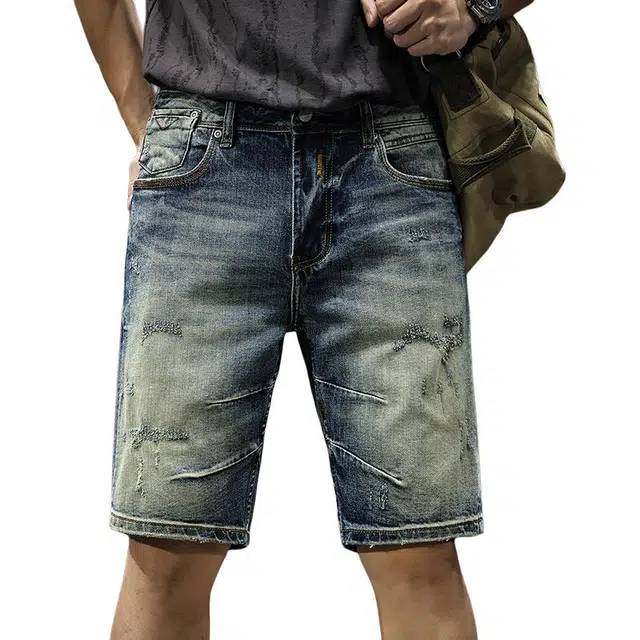 前进牛 美式硬汉风重工做旧磨白水洗街头潮牌休闲宽松直筒五分中裤牛仔短裤 男款