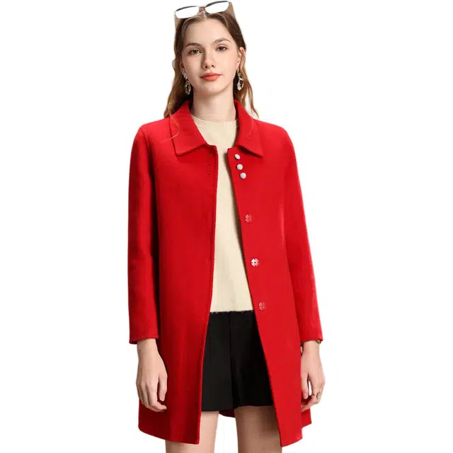 粉红玛琍 纯色中长款修身翻领长袖大衣 女款