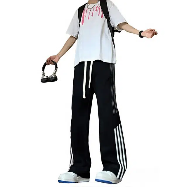 物质公式 美式高街嘻哈斜切三条杠拼接拼色系带简约垂坠感舒适阔腿宽松黑色通风轻薄透气百搭速干冰丝凉感通勤篮球运动直筒休闲裤 男女同款