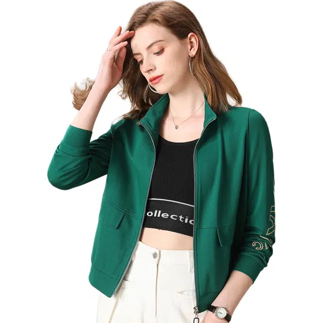 粉红玛琍 潮流字母印花翻领拉链长袖截短外套 女款 绿色