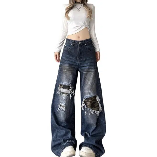 沃马 美式高街破洞痞帅复古重工水洗做旧流行牛仔裤 男女同款 蓝色