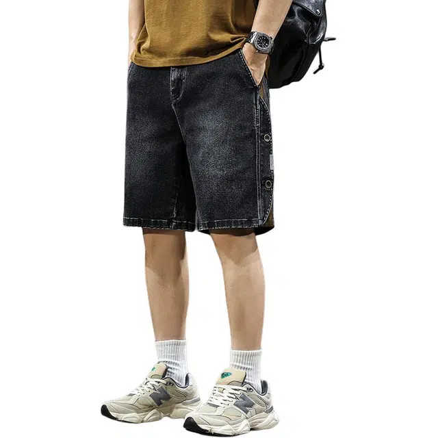 前进牛 美式高街复古前进牛潮牌城市街头做旧潮流个性拼接休闲牛仔外穿复古潮牌宽松大码工装短裤 男女同款
