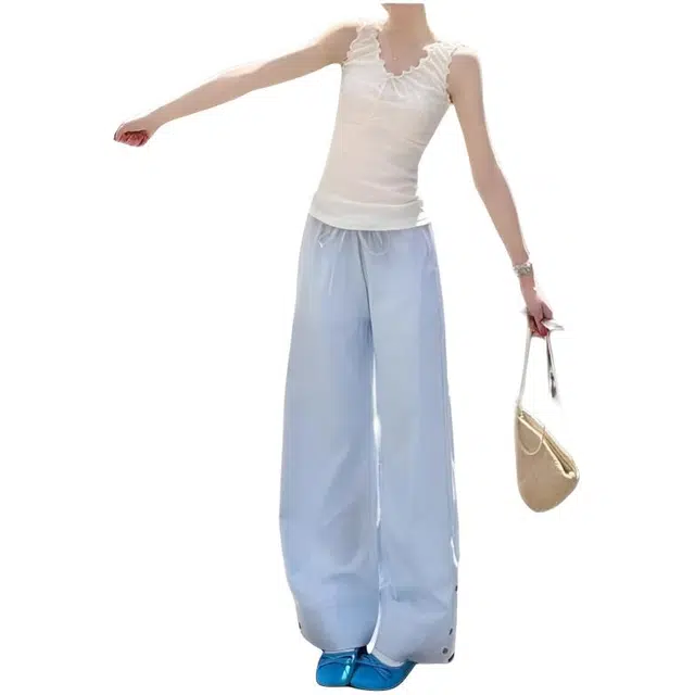 天才小熊 女装宽松显瘦垂感直筒拖地裤子夏季低腰条纹阔腿休闲裤 女款