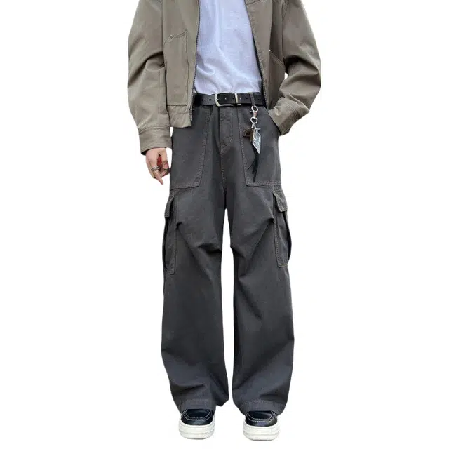 加荣 美式高街宽松弯刀秋季青少年户外出行通勤百搭复古大口袋窄版直筒微喇叭长裤工装裤 男女同款