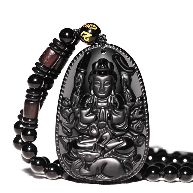 谧月珠宝 生肖守护 新中式国潮轻奢精致十二生肖本命佛蛇年本命年吊坠护身佛可调节绳扣好运天然 黑曜石 玉石项链 男女同款情侣款