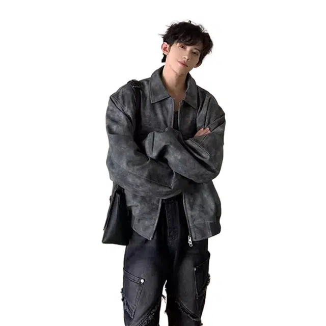 玉儿恋 美式复古做旧纯色翻领落肩宽松拉链夹克外套 男女同款 灰色