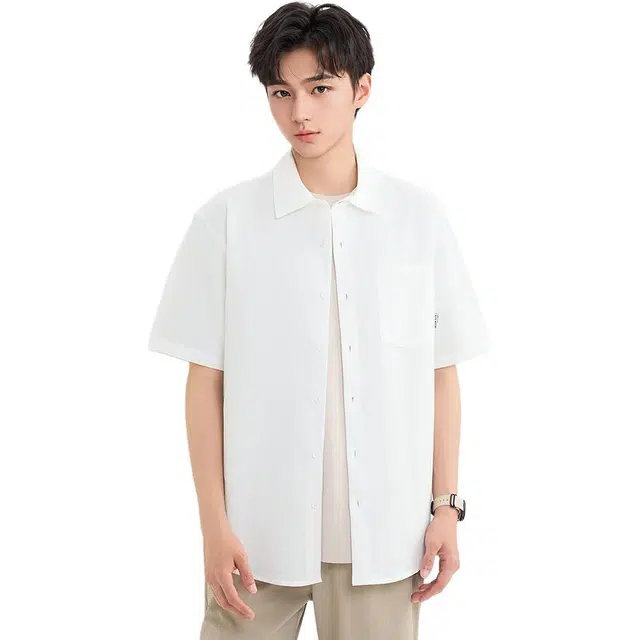 三福 麻料净色时尚短袖翻领衬衫 男款