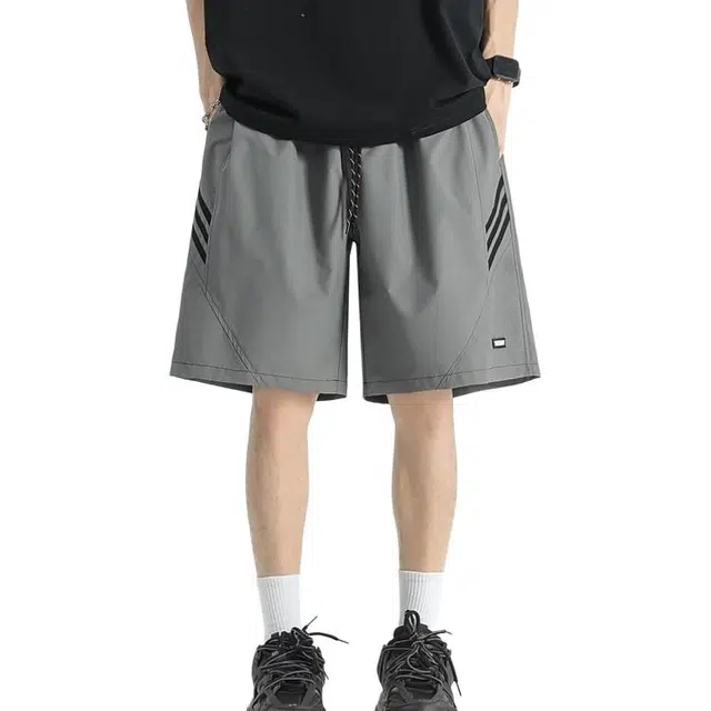 沐诚阳译 潮牌撞色条纹运动五分裤男美式复古宽松百搭休闲短裤 男款