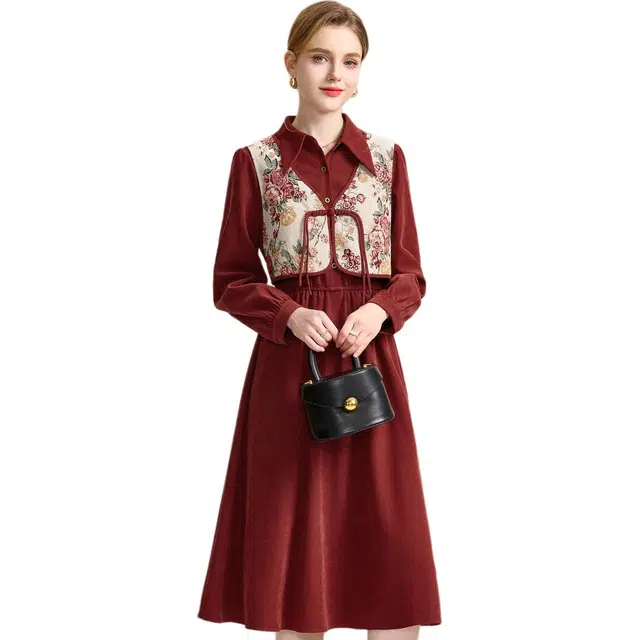 粉红玛琍 简约舒适假两件翻领长袖连衣裙 女款 红色