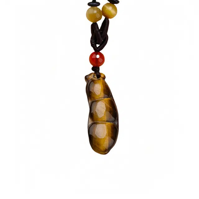 凯真 国潮中式复古 金色四季豆 四季平安 虎眼石 玉石项链 男女同款情侣款 礼盒