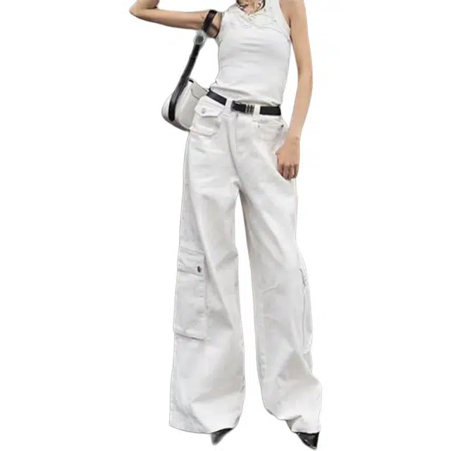 如续 大口袋工装裤女夏季美式街头宽松阔腿显瘦直筒长裤子牛仔裤 女款