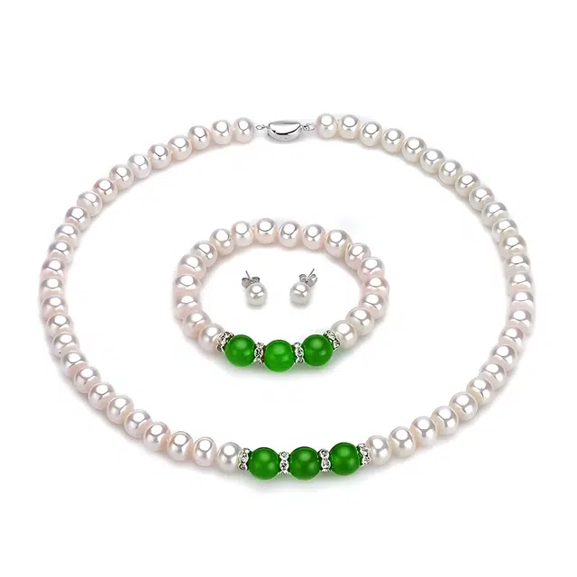 贝诗珠宝 绿玉髓吊坠手链耳钉三件妈妈套装锁骨链  淡水珍珠 项链毛衣链 女款