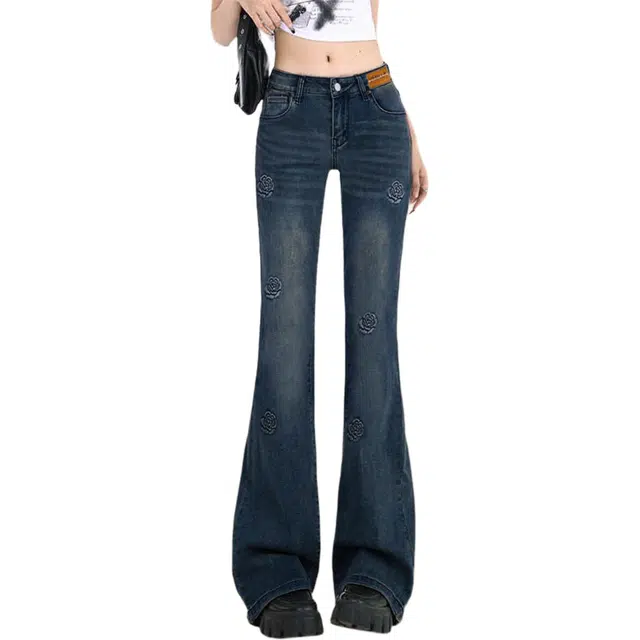 惟熙 绣花微喇修身做旧高腰牛仔裤 女款 复古蓝