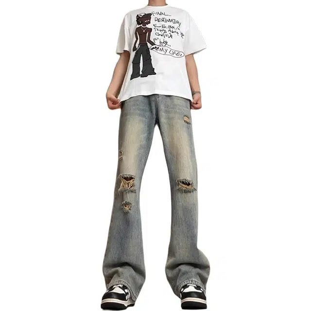 黑马漫画 复古蓝破洞高腰古着美式弯刀微喇直筒牛仔裤 男女同款