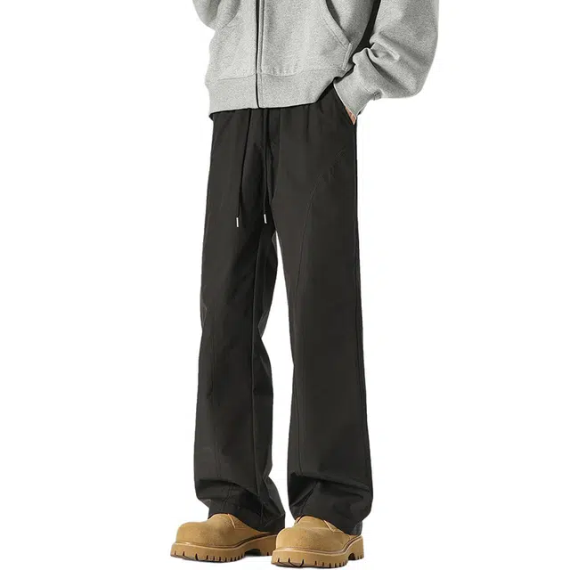 华夏儿女 美式复古高街膝盖斜切拼接城市户外机能防水伞兵裤纯色黑色百搭显瘦高街垂感宽松直筒系带工装简约基础款休闲裤 男女同款