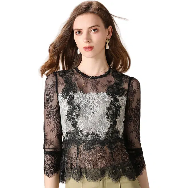 粉红玛琍 撞色蕾丝圆领修身长袖衬衫 女款 黑色